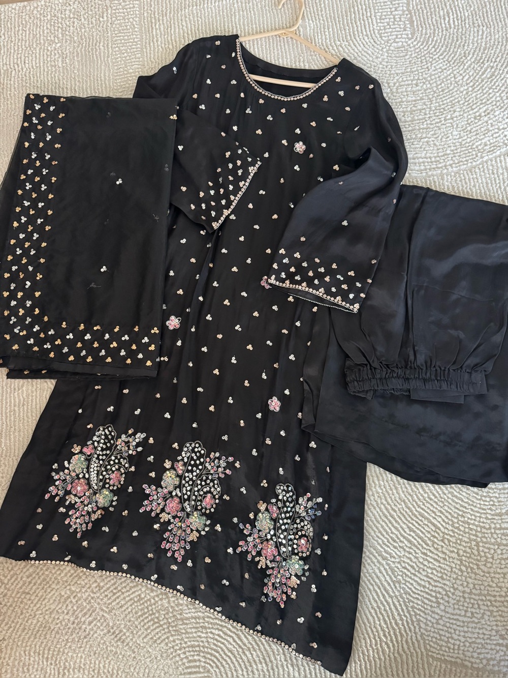 Black Embroidered women Dress with Pink Floral Accents